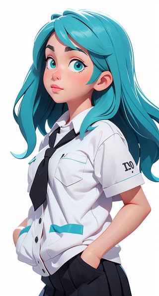 blue eyes aqua hair with black streaks in the hair in a modern city and wearing a school uniform girl with long beautiful high_school_girl, hands on pocket, | (white background:1.2), (simple background), | 3DMM