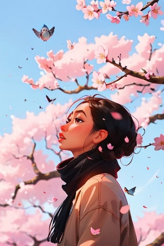 sam yang,1girl, bird, black eyes, black hair, blurry, blurry background, cherry blossoms, lips, long-tailed tit, looking up, medium hair, profile, scarf, solo, tit (bird), ((masterpiece))