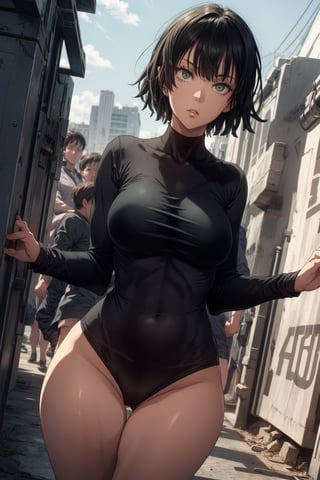 perfect, fubuki from one punch man, green eyes, short deep green hair, wearing black bikini, running on a beach,matured face, blushing, joyful expression, dynamic pose, big breast, big hips, full body view head to feet, heels, big body, thick, Detailed, masterpiece,realistic,beautiful eyes, shiny eyes,thick thighs, curvy physique, large breasts, blurry, blurry background, sexy pose, toned legs, fit, abs, athletic body, FubukiOPM