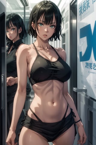 perfect, fubuki from one punch man, green eyes, short deep green hair, wearing black bikini, running on a beach,matured face, blushing, joyful expression, dynamic pose, big breast, big hips, full body view head to feet, heels, big body, thick, Detailed, masterpiece,realistic,beautiful eyes, shiny eyes,thick thighs, curvy physique, large breasts, blurry, blurry background, sexy pose, toned legs, fit, abs, athletic body, FubukiOPM