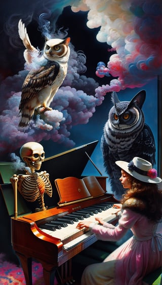 sitting skeleton playing the living room piano, in the background a flying owl, a cat, a dog, multicolored smoke, psychedelic, detailed image, highly detailed, interactive background. By Maya, impressionist, monsterdiversity