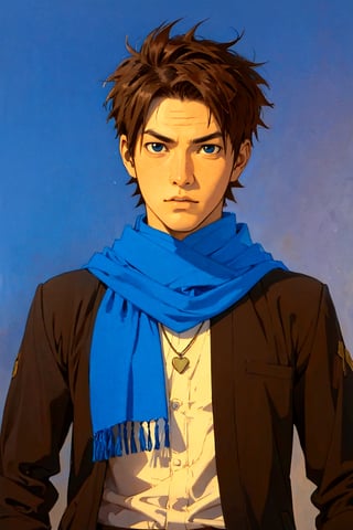 1boy, solo, Konohamaru Sarutobi, oil painting, impasto, looking at viewer, a handsome young man, 16 years old, spiky brown hair, blue eyes, athletic figure, tribal necklace, grey jacket, blue scarf, urban psychedelic outfit, psychedelic  background, masterpiece, nijistyle, niji, ,sciamano240, soft shading, Konohamaru Sarutobi