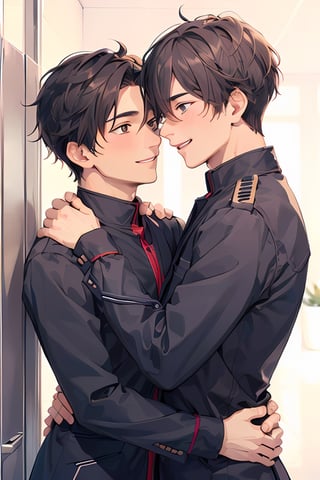 ((two male hugging,male face,male  character)),blush smile,((eye_contact)), (((best quality))), ((ultra-detailed))