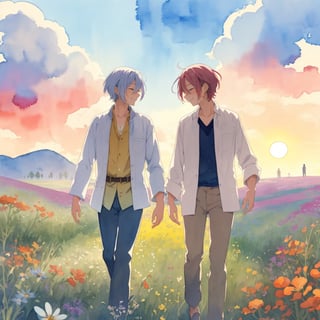 Watercolor illustration of a two male,gay male, walking in a field of wildflowers at sunsetAnime-style portrait of a adult two male with a gentle smile,