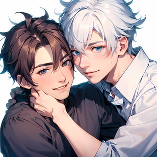 ((two male hugging,male face,male  character)),blush smile,((eye_contact)), (((best quality))), ((ultra-detailed))