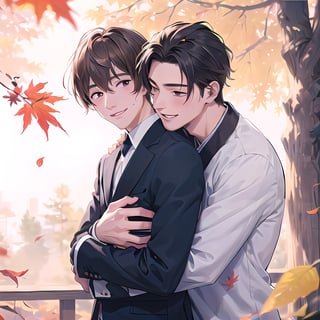 ((two male hugging,male face,male  character)),handsome guy,blush smile,((looking at another)),autumn_leaves, (((best quality))), ((ultra-detailed))