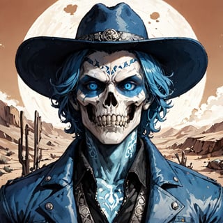 A lone figure stands amidst the arid landscape, standing next to a small adobe casita, bathed in warm desert sunlight. A day of the dead cowboy with vibrant blue hair, glowing blue eyes, and a bold skull tattoo adorns his left cheekbone wears a sleek blue jacket adorned with metal hardware on the shoulders and a black belt around his waist. His gloved hands grasp the edges of his matching pants, which are tucked into combat boots. A fedora hat sits atop his head at an angle, framing his determined gaze as he surveys the cacti-filled terrain ahead.