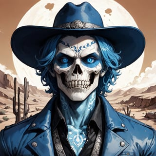 A lone figure stands amidst the arid landscape, standing next to a small adobe casita, bathed in warm desert sunlight. A day of the dead cowboy with vibrant blue hair, glowing blue eyes, and a bold skull tattoo adorns his left cheekbone wears a sleek blue jacket adorned with metal hardware on the shoulders and a black belt around his waist. His gloved hands grasp the edges of his matching pants, which are tucked into combat boots. A fedora hat sits atop his head at an angle, framing his determined gaze as he surveys the cacti-filled terrain ahead.