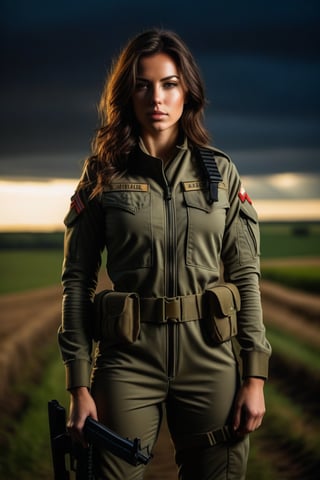 A beautiful brunette military girl, tight combat jumpsuit, no weapons, beautiful, moody lighting, best quality, full body portrait, real picture, intricate details, depth of field, rural landscape, beautiful lighting