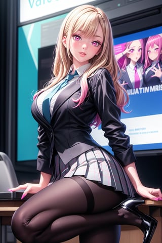 ((masterpiece, high resolution, better quality, better details)), ((Marin Kitagawa)), ((dominant)), school uniform, white blouse, pink pleated skirt, black tights, black jacket, gray tie, high platform heels, pink eyes, light blonde hair, long hair, voluptuous body, long nails, pink nails, big breasts, wide hips, big thighs, shiny skin, school