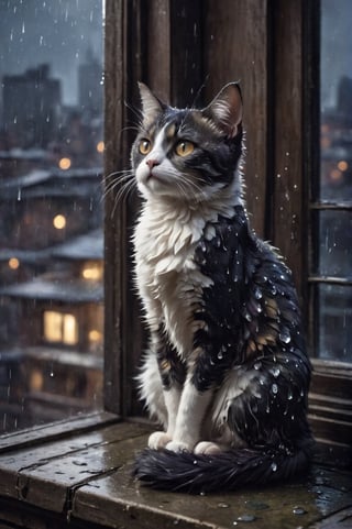 drawing of a Black and white chibi  cat perched on an old, weathered windowsill, multicolored fur mottled with raindrops, watching the drizzle outside, branches swaying gently in the background, focus on glistening whiskers, reflected city lights shimmering in puddles below, moody, ambient light, ultra clear, dramatic lighting.