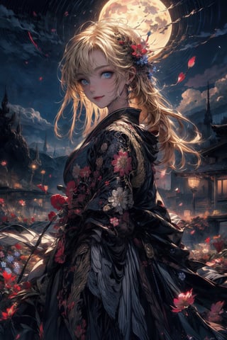 masterpiece, best quality,
1girl, (colorful),(finely detailed beautiful eyes and detailed face),cinematic lighting,bust shot,extremely detailed CG unity 8k wallpaper,blonde hair, blue eyes, solo, kimono, smile,intricate skirt,((flying petal)),(Flowery meadow)
sky, cloudy_sky, building, moonlight, moon, night, (dark theme:1.3), light, fantasy, midjourney, complex_background, fullmoon