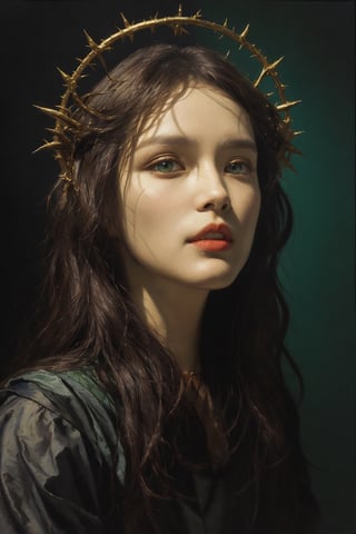 (masterpiece, best quality),(colored background) (finely detailed beautiful eyes),details, (extremely detailed CG unity 8k wallpaper, masterpiece, best quality, ultra-detailed, best shadow), (detailed background), (beautiful detailed face, beautiful detailed eyes), High contrast, (best illumination, an extremely delicate and beautiful), stunning beautiful,jesus christ descending from heavens, brown hair, long hair, green eyes, white toga, saint, halo on head, ,nodf_lora, master piece from the renaissance, portrait, upper body,fantasy,oilpainting, ranaissance, master piece, ,oil painting, ((man)), circle of thorns, blood, 