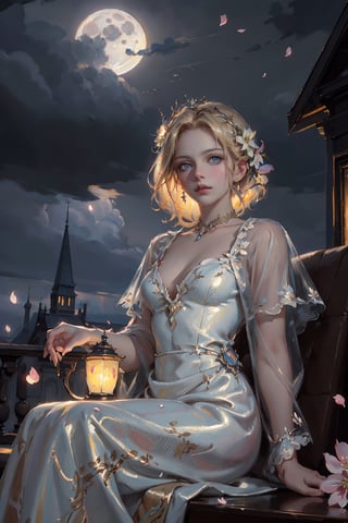 oil painting, masterpiece, best quality,
1girl, (colorful),(finely detailed beautiful eyes and detailed face),cinematic lighting,bust shot,extremely detailed CG unity 8k wallpaper,noble woman with blonde hair, blue eyes, solo, white dress, see-through, elegant hair_style, sitting on mansion, noble, proud,intricate skirt,((flying petal)),(Flowery meadow)
sky, cloudy_sky, building, moonlight, moon, night, (dark theme:1.3), light, fantasy, midjourney, complex_background, fullmoon,masterpiece