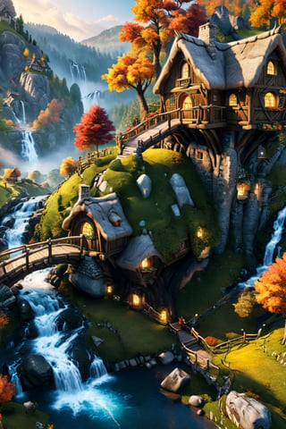 (masterpiece:1.2), best quality, high resolution, unity 8k wallpaper, (illustration:1), perfect lighting, photo(medium), photorealistic, realistic, valley, treehouse village covered, waterfall, autumn scenery, stone bridge, sunrise, highly detailed, dynamic lighting, cinematic, realism, realistic, photo real, detailed, high contrast, denoised, centered,  8k, detailed, hyper  realistic,more detail XL