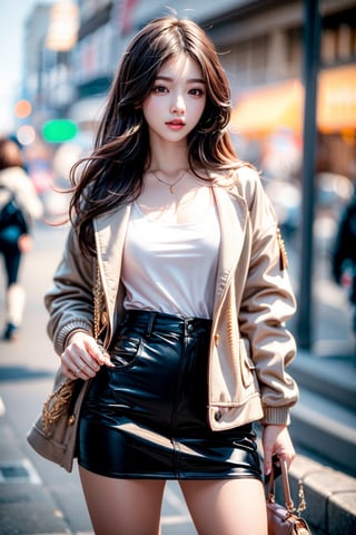 masterpiece,masterpiece:1.2,best quality,highest quality,More Detail,hyper realistic,photorealistic,small breasts,korean idol,long hair,brown hair,whole body,in the street,casual jacket,mini skirt