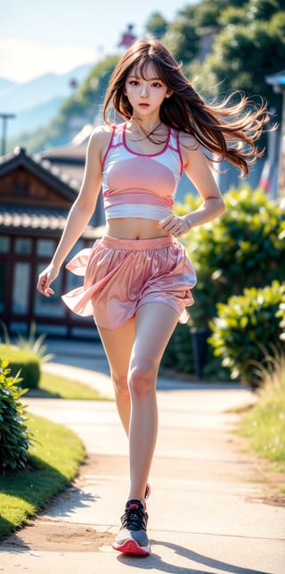 Masterpiece,Masterpiece:1.2,Best Quality,More Detail,
Hyper realistic,Photo realistic,Out focus,
Korean IDOL,25 Age,Sexy Pose,
Whole hot body,Nice legs,
Brown long hair,Small breasts,
Tank top,Min Skirt,Running shoe,
At the top of the mountain,