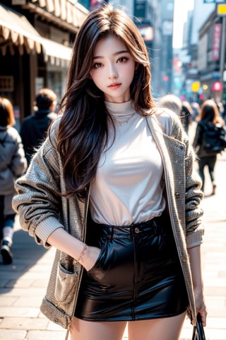 masterpiece,masterpiece:1.2,best quality,highest quality,More Detail,hyper realistic,photorealistic,small breasts,korean idol,long hair,brown hair,whole body,in the street,casual jacket,mini skirt