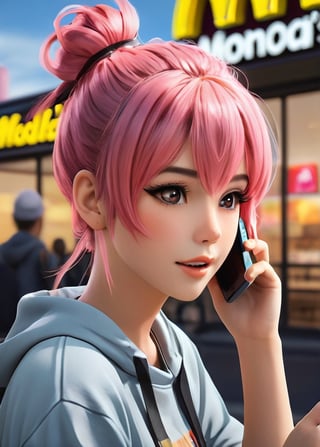 Cute anime girl with pink hair gathered in a messy bun, bangs, against the background of McDonald's, talking on the phone 