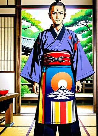 Anime artwork,  a man in a traditional Japanese outfit on a tee ceremony , vibrant colors , anime style 