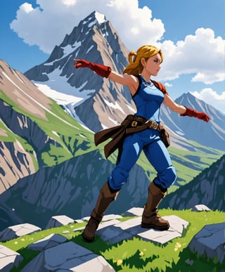  pixel art, 3d, a woman, solo, action pose , mountain 