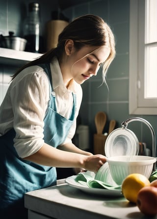 close-up photograph of a young woman washing dishes in the kitchen.  The skin must be shown in detail.  The photo should be styled like a Polaroid with soft light falling on her face from the left