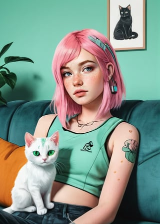 An illustration of a quirky girl with pink hair, in the style of Flat shading, Gemma Correll, with freckles and a cat on her shoulder, photo-manipulated, cyberpunk genre, pastel green, sofa, room