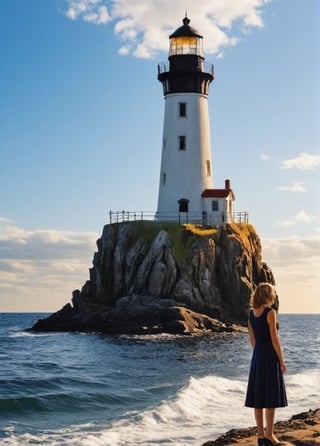 black and orange, royalcore style. scenes from a mystery drama, a woman, a city, danger, a lighthouse painted with a very thick brush, dark blue