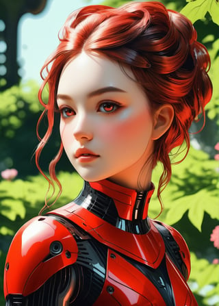 Ink illustration, close-up of a cybernetic girl in red, victorian garden