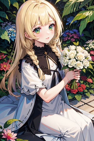 masterpiece,, (masterpiece, best quality:1.5), garden, flowers, 1_girl,lillie, blonde hair, long hair, twin braids, green eyes,blonde hair, holding flowers