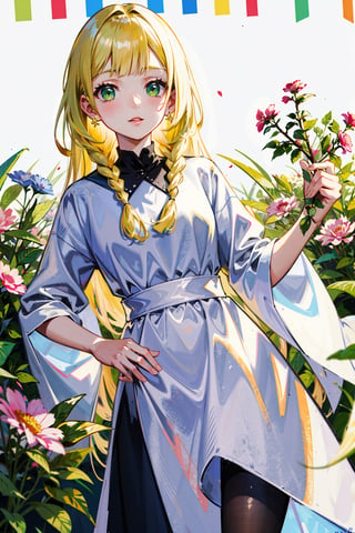 masterpiece,, (masterpiece, best quality:1.5), garden, flowers,[(white background:1.15)], 1_girl,lillie, blonde hair, long hair, twin braids, green eyes,blonde hair, holding flowers