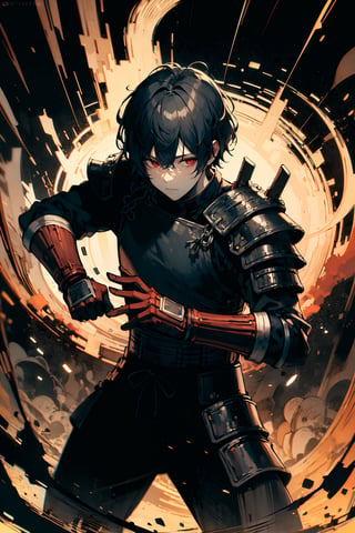 masterpiece, 1 man, short black hair, (dinamic pose), crimson red eyes, samurai, armor, horror style, area lighting,xjrex, fighting pose