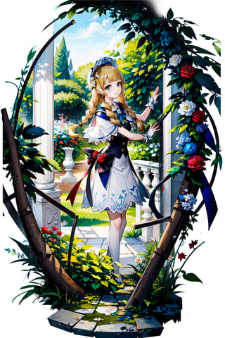 masterpiece,, (masterpiece, best quality:1.5), garden, flowers,[(white background:1.15)], 1_girl,lillie, blonde hair, long hair, twin braids, green eyes