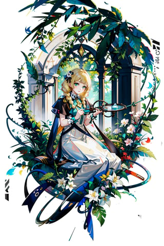 masterpiece,, (masterpiece, best quality:1.5), garden, flowers,[(white background:1.15)], 1_girl,lillie, blonde hair, long hair, twin braids, green eyes