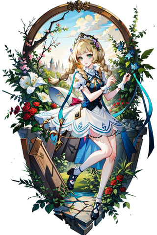 masterpiece,, (masterpiece, best quality:1.5), garden, flowers,[(white background:1.15)], 1_girl,lillie, blonde hair, long hair, twin braids, green eyes