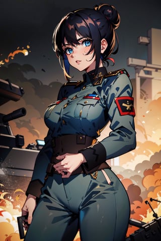 8k, (absurdres, highres, ultra detailed), (1lady:1.3), EpicArt, military uniform, brown skin, black hair, blue eyes, curly hair, hair bun, war, gun,dark skin, brown skin, pants