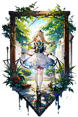 masterpiece,, (masterpiece, best quality:1.5), garden, flowers,[(white background:1.15)], 1_girl,lillie, blonde hair, long hair, twin braids, green eyes