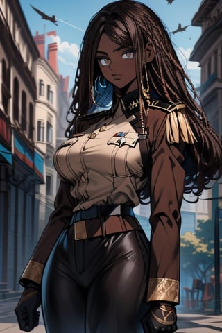 masterpiece, 8k, (absurdres, highres, ultra detailed), (1lady:1.3), EpicArt, military uniform, brown skin, black hair, blue eyes, curly hair,  war, gun, dark skin, brown skin, pants,girl