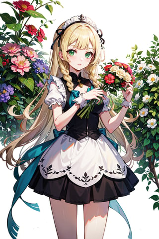 masterpiece,, (masterpiece, best quality:1.5), garden, flowers,[(white background:1.15)], 1_girl,lillie, blonde hair, long hair, twin braids, green eyes,blonde hair, holding flowers