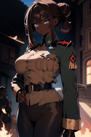 masterpiece, 8k, (absurdres, highres, ultra detailed), (1lady:1.3), EpicArt, military uniform, brown skin, black hair, blue eyes, curly hair, hair bun, war, gun, dark skin, brown skin, pants,girl