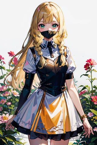 masterpiece,, (masterpiece, best quality:1.5), garden, flowers,[(white background:1.15)], 1_girl,lillie, blonde hair, long hair, twin braids, green eyes,blonde hair