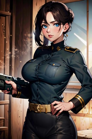 8k, (absurdres, highres, ultra detailed), (1lady:1.3), EpicArt, military uniform, brown skin, black hair, blue eyes, curly hair, hair bun, war, gun,dark skin, brown skin, pants