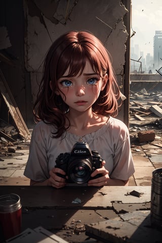 A poignant masterpiece! In this ultra-detailed, 8K UHD scene, a sorrowful city lies in ruins, with crumbling buildings and debris scattered everywhere. A child, red-haired girl, dressed in white, stands amidst the devastation, her natural locks framing her tear-stained face as she clutches a pink plush toy tightly. Soft, dappled light casts a warm glow on her features, while harsh reflections from broken glass and metal shards create eerie shadows. The camera's POV is childlike, capturing the girl's anguished expression as tears fall gently down her cheeks, illuminated by the subtle, ray-traced lighting effects.