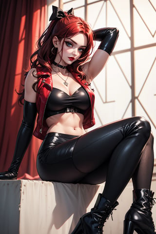 Rayne is an attractive dhampir with neck-length crimson hair parted in the middle, her skin is pale, and her eyes are a lighter blue-green. She has a slender feminine figure but also an athletic physique. She wears red lipstick, black mascara and eyeshadow.
Her signature outfit consists of a red and black leather vest, matching highlighted sleeves sewn into fingerless gloves, and matching leggings sewn into high-heeled platform boots. She also wears a choker with a red jeweled necklace, as well as black ribbons attached to large rings wrapped around her hair.