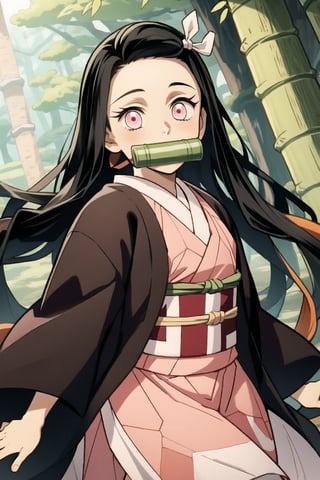 wear the nezuko costume,black hair,PING eyes,cute,tiny girl,japanese,kimetsu no yaiba,not tied,Pink Eyes,wear bamboo in the mouth,there is a hint of orange under his hair