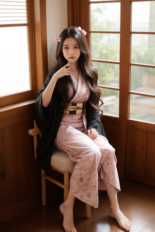 1girl, solo, long hair, looking at viewer, brown hair, black hair, ribbon, holding, sitting, very long hair, hair ribbon, multicolored hair, japanese clothes, indoors, pink eyes, bare feet, kimono, english text, cup, book, sash, window, chair, obi, pink ribbon, gag, haori, pink kimono, bamboo, bit gag, checkered sash, kamado nezuko,forehead