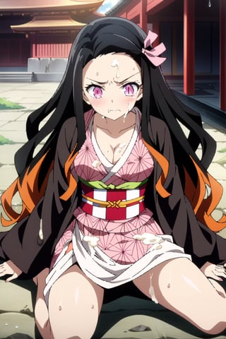 uncensored, score_9, score_8_up, score_7_up, BREAK  ,source_anime, anime screencap, masterpiece, perfect scenery, perfect lighting, highly detailed, high resolution, very aesthetic, best quality, 
kamado nezuko,black hair,forehead,hair ribbon,long hair,multicolored hair,pink eyes,orange hair,slit pupils,wavy hair,two-tone hair,pink ribbon, medium breast,outdoors,temple, action kick, legs spread, in pain, painful expression, cleavage, cum on face, cum on breast

Outfit:

asa no ha \(pattern\),checkered sash,haori,japanese clothes,kimono, no_sleeves,obi,pink kimono,sash,wariza,wide sleeves,cleavage, torn kimono,
wet, cum, kamado nezuko