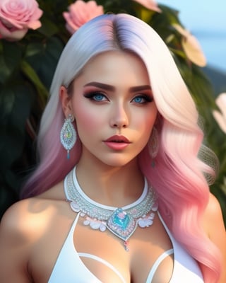 Beautiful woman, with long, straight platinum roots with pink tips hair, detailed blue eyes, full body, very real, hot curvy body, big buttocks and huge symmetrical breast, big hip, full body, perfect blue symmetrical eyes, 4k, good-looking young female, tight slit mini skirt clothes, pretty woman in her 20s, long pink roots with platinum tips hair, beautiful detailed blue color in both eyes, round earrings, pretty diamond necklace, slim curvy figured woman, flowery vibrant background, plants in background, portrait of a white women, realistic, ultra high details, symmetrical perfect face with perfect symmetrical red closed lips and beautiful eye catching eye lining, pretty and beautiful face, fancy tight sexy side slit dress, perfectly made hands and fingers, ultra high definition resolution, ultra 4K detailed eyes, pink roots and white ends hair, thin beautiful fingers with long beautiful nails, full body portrait, enjoying, lots of people at background, ultra sharp, perfect composition, beautiful detailed intricate insanely detailed octane render trending on, 8 k artistic photography, photorealistic concept art, soft natural