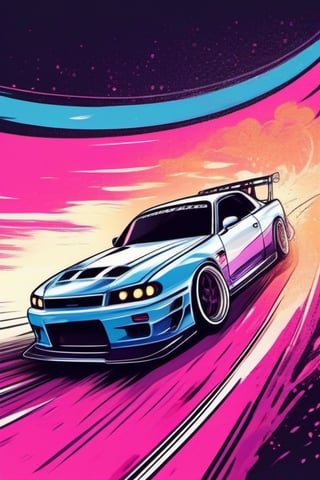 Vector Art Sticker, of a car drifting on a race track at dusk, dynamic action style, detailed,  white background,  dynamic,  dramatic,  vibrant colors,  vector art style

