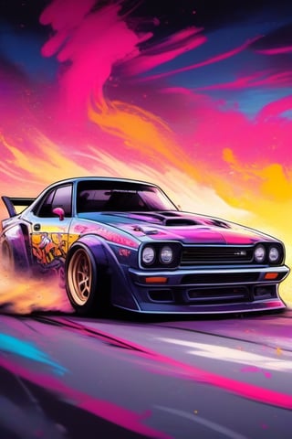 Graffiti Art Style, of a car drifting on a race track at dusk, natural light, dynamic action style, detailed,  white background,  dynamic,  dramatic,  vibrant colors,  graffiti art style

